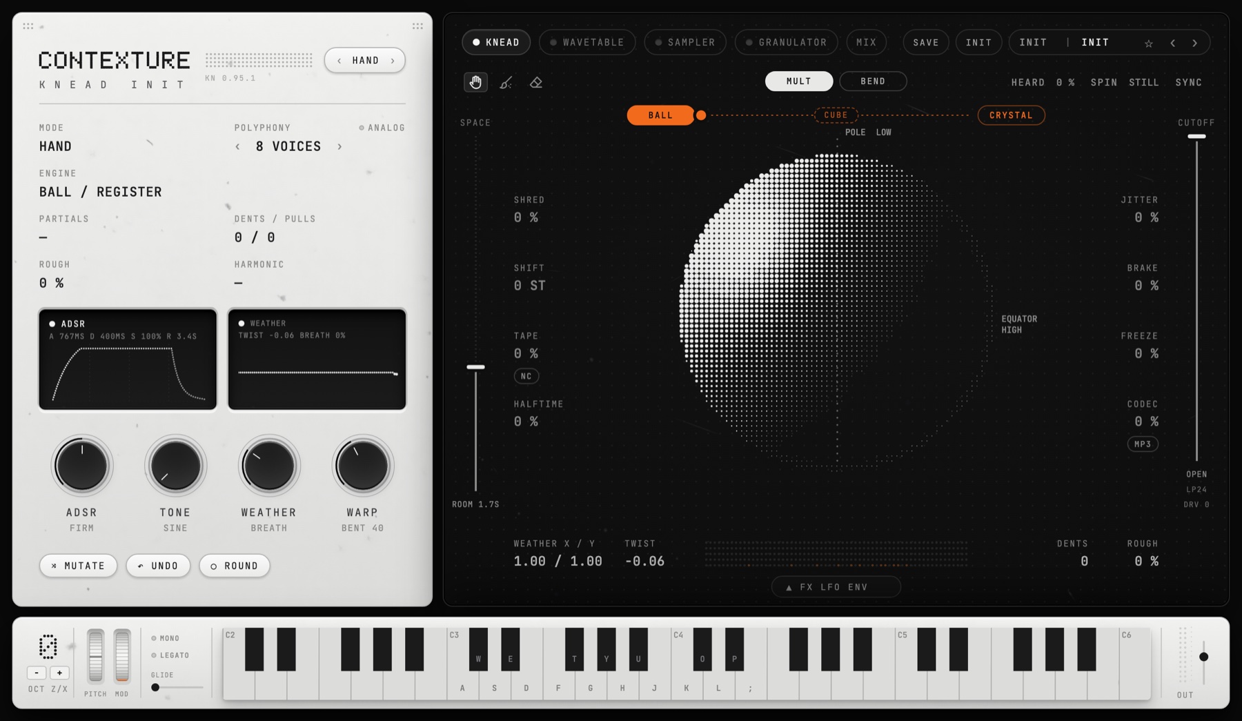 CONTEXTURE plugin interface — four knobs on the left, the ball in the middle, STOPS on the right, the keyboard across the bottom